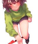  1other androgynous bent_over blush bob_cut brown_footwear brown_hair brown_shorts chara_(undertale) closed_eyes commentary dutch_angle foot_out_of_frame foot_up godouyu_(neisukun) green_sweater hair_between_eyes highres holding holding_knife knife leaning_forward long_sleeves looking_at_viewer red_eyes reverse_grip running short_hair short_shorts shorts simple_background single_horizontal_stripe smile solo sweater two-tone_sweater undertale v-shaped_eyebrows white_background 