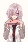  1girl :d absurdres blush box fate/grand_order fate_(series) gift gift_box glasses hair_over_one_eye highres jacket kyota07 looking_at_viewer mash_kyrielight necktie open_mouth purple_hair red_necktie short_hair simple_background sketch smile solo upper_body valentine violet_eyes white_background 
