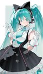  :3 aqua_eyes aqua_hair aqua_necktie black_bow black_dress bow dress gloves hatsune_miku headphones highres hoop_skirt jiu_ye_sang looking_at_viewer magical_mirai_(vocaloid) magical_mirai_miku magical_mirai_miku_(2016) necktie shirt short_necktie twintails v vocaloid white_gloves white_shirt 