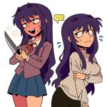  ... 1girl alternate_costume arm_under_breasts blush doki_doki_literature_club flying_sweatdrops grabbing_own_arm hair_intakes highres holding holding_knife knife long_hair marreeps multiple_views pleated_skirt purple_hair ribbed_sweater skirt smile solo spoken_ellipsis sweater upper_body wavy_hair white_background yuri_(doki_doki_literature_club) 