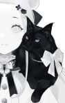  1girl abigail_williams_(fate) animal_on_shoulder black_cat cat cat_on_shoulder character_request commentary costume_request hair_bun hair_ornament monochrome navvvtis nosh_(fgo) ribbon smile symbol-only_commentary 