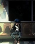  1boy blue_hair child commentary dark denim english_commentary facing_viewer hand_on_own_face holding jeans male_focus oliver_(uhhh_snaps) on_chair original pants shoes sitting sleeping sneakers solo tile_floor tiles train train_interior twitter_username uhhh_snaps window 