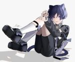  1boy alternate_costume animal_ears bishounen black_nails cat_boy cat_ears choker ear_piercing full_body genshin_impact highres looking_at_viewer male_focus piercing purple_hair rtms_00 scaramouche_(genshin_impact) shoes shorts simple_background sitting solo thigh-highs violet_eyes white_background 
