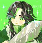  ambiguous_gender black_hair blush fang glint green_background green_eyes green_theme highres holding holding_sword holding_weapon long_hair michi0ru myers-briggs_type_indicator original parted_lips shadow smile solo sword upper_body weapon 