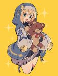 1girl black_gloves blonde_hair blush bridget_(guilty_gear) fingerless_gloves gloves green_eyes guilty_gear highres holding holding_stuffed_toy itsuka_neru long_sleeves open_mouth short_hair smile solo stuffed_animal stuffed_toy teddy_bear