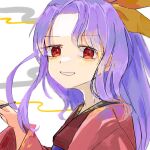  1girl chokomaron highres holding holding_smoking_pipe japanese_clothes kimono komakusa_sannyo looking_at_viewer ponytail purple_hair red_eyes smile smoking_pipe solo touhou upper_body 