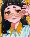  1girl adjusting_eyewear black_hair blue_shirt earrings glasses highres jewelry long_hair looking_at_viewer lower_teeth_only open_mouth original oubaisameko_181 rectangular_eyewear semi-rimless_eyewear shirt solo sparkle striped striped_background striped_shirt teeth yellow_eyes 