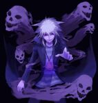  1boy black_background commentary_request evil_smile ghost grey_hair jacket long_hair male_focus millennium_ring open_clothes open_jacket reki_(misty_moon) shirt smile solo spiky_hair striped striped_shirt violet_eyes yami_bakura yu-gi-oh! yu-gi-oh!_duel_monsters 