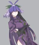  1girl black_gloves black_hair china_dress chinese_clothes closed_mouth cowboy_shot dress elbow_gloves flower flower_on_head gloves grey_background highres kanaria_(bocmn) long_hair purple_dress purple_flower short_sleeves simple_background solo touhou violet_eyes yomotsu_hisami 