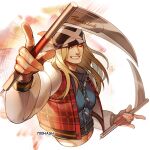  1boy 700hash axl_low bandana black_gloves blonde_hair blue_eyes fingerless_gloves gloves grin guilty_gear guilty_gear_strive highres jacket kama_(weapon) kusarigama long_hair long_sleeves looking_at_viewer male_focus one_eye_closed plaid plaid_jacket red_jacket sickle smile upper_body weapon 