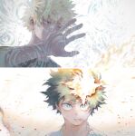  2boys bakugou_katsuki bare_shoulders blonde_hair blood blood_on_face blurry blurry_foreground boku_no_hero_academia bright_pupils chinese_commentary closed_mouth dried_blood film_grain freckles green_eyes green_hair hair_between_eyes hand_up highres looking_ahead looking_at_viewer male_focus midoriya_izuku multiple_boys open_hand outstretched_hand parted_lips red_eyes rika_(rika_ktdk) sanpaku shirt short_hair sleeveless spiky_hair split_screen tank_top v-shaped_eyebrows weibo_logo weibo_username white_background white_pupils 