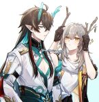  1boy 1girl ahoge black_gloves black_hair black_jacket breasts chinese_clothes closed_mouth colored_inner_hair dan_heng_(honkai:_star_rail) dan_heng_(imbibitor_lunae)_(honkai:_star_rail) detached_sleeves diamond_(shape) dragon_boy dragon_horns gloves green_eyes green_horns grey_hair hair_between_eyes highres honkai:_star_rail honkai_(series) horns jacket long_hair looking_at_another matsuringo_(rinorino83) medium_hair multicolored_hair open_clothes open_jacket parted_lips pectoral_cleavage pectorals pointy_ears red_eyeliner shirt simple_background single_bare_shoulder single_detached_sleeve small_breasts stelle_(honkai:_star_rail) stick trailblazer_(honkai:_star_rail) twitter_username upper_body white_background white_shirt white_sleeves 