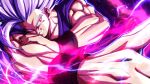  1boy absurdres aiming broonoart commentary dragon_ball dragon_ball_super dragon_ball_super_super_hero electricity gohan_beast grin highres makankousappou male_focus muscular muscular_male purple_hair red_eyes smile solo son_gohan upper_body wristband 