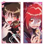  1boy 1girl @_@ amulet colored_sclera commentary_request english_text green_hair heart heart-shaped_pupils highres hs1122 momomiya_ichigo pink_eyes pink_hair quiche_(tokyo_mew_mew) sai_(weapon) scared short_hair smile sweatdrop symbol-shaped_pupils tokyo_mew_mew upper_body yellow_sclera 