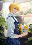  1boy apron blonde_hair blue_apron bouquet collared_shirt flower flower_shop green_eyes hair_between_eyes highres holding holding_bouquet indoors kana_(kkk021109) leaf male_focus open_mouth orange_flower shirt shop short_hair sleeves_past_elbows solo teeth touken_ranbu upper_teeth_only white_flower white_shirt yamanbagiri_kunihiro 