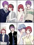  4boys 4girls arima_kana beret black_headwear black_jacket blue_headwear blue_jacket bob_cut closed_mouth happy hat highres inverted_bob jacket looking_at_viewer multiple_boys multiple_girls narushima_melt one_eye_closed open_mouth oshi_no_ko purple_hair red_eyes redhead shirt short_hair simple_background smile sweater tongue tongue_out upper_body user_emxx4224 white_background white_shirt yellow_eyes 