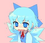  1girl aqua_hair blue_bow blue_dress blue_eyes blue_hair blue_ribbon blush bow cirno collar collared_shirt crying dress hair_bow hair_ornament hair_ribbon highres hozumiare ice ice_wings neck_ribbon open_mouth pink_background red_bow red_ribbon ribbon shirt short_hair simple_background solo tearing_up tears touhou upper_body wavy_hair wavy_mouth wings 
