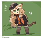  :3 arknights black_cat black_footwear black_thighhighs blush brown_hair cat chibi commentary_request drill_hair green_eyes highres lcron swire_(arknights) tail thigh-highs tiger_tail translation_request twitter_username 