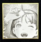  1girl arm_up check_copyright commentary_request copyright_request facing_viewer glowing greyscale holding long_sleeves looking_at_object lowres monochrome murata_range one_eye_closed open_mouth original portrait shikishi short_hair solo traditional_media 