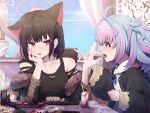  2girls ahoge alternate_costume annoyed arm_support black_coat black_hair blue_archive blunt_bangs casual coat collarbone colored_inner_hair commentary_request cookie drinking_straw feeding food fur-trimmed_coat fur_trim hair_between_eyes hair_ornament hairclip halo head_rest head_tilt holding holding_food kazusa_(blue_archive) long_hair long_sleeves looking_at_another milk_carton mouth_hold multicolored_hair multiple_girls open_clothes open_coat package pocky pointing profile purple_hair red_eyes reisa_(blue_archive) sakishimadara sidelocks snack star_(symbol) star_hair_ornament table two-tone_hair violet_eyes wide_sleeves 