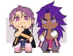  2boys bhima_(fate) brothers chibi coolbiz_ao dark-skinned_male dark_skin duryodhana_(fate) facial_hair fate/grand_order fate_(series) full_body goatee hand_on_own_chin highres long_hair looking_at_viewer male_focus multiple_boys purple_hair purple_vest short_hair siblings smile stroking_own_chin thinking vest 