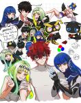  &gt;_&lt; 1girl :3 :d absurdres alternate_hair_color amamiya_ren amanozako_(megami_tensei) andrich_galam androgynous armor arrest atlus bird black_gloves black_hair blue_bodysuit blue_hair blunt_bangs blush bodysuit bodysuit_pull bottle card cat collared_shirt colored_inner_hair crossover eyelashes frown fur_trim glasses gloves green_hair hair_ornament half_gloves highres holding holding_bottle in-franchise_crossover jacket japanese_clothes long_hair looking_at_viewer medium_hair mini_person minigirl morgana multicolored_hair multiple_boys open_mouth otoko_no_ko owl persona persona_5 pointy_ears police protagonist_(smtv) purple_hair red_eyes redhead ringo_(soul_hackers_2) shin_megami_tensei shin_megami_tensei_v shirt short_hair short_hair_with_long_locks sidelocks simple_background smile soul_hackers soul_hackers_2 sweater tengu turtleneck turtleneck_sweater two-tone_hair vest white_background white_shirt wings xd yellow_eyes yellow_pupils 