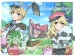  1boy 1girl alice_(rune_factory) animal anniversary apo_518 ares_(rune_factory) armband armor blonde_hair blue_eyes blue_headwear blue_necktie blue_sky blush border cabbage cantaloupe chestnut closed_mouth clouds collared_shirt copyright_name crops day farm food frog fruit green_eyes hat highres hoe holding holding_animal holding_hoe house long_hair long_sleeves looking_at_viewer melon necktie outdoors peaked_cap red_headwear rock rune_factory rune_factory_5 sheep shirt short_hair shoulder_armor sky smile squirrel standing tree turnip watering_can white_border white_shirt 