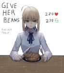  1girl absurdres ahoge artoria_pendragon_(fate) blonde_hair blue_ribbon bow closed_mouth eating english_text fate/grand_order fate/stay_night fate_(series) food fork gloves green_eyes hair_between_eyes hair_ribbon hh_(hehexd06161704) highres holding holding_fork holding_knife knife long_hair long_sleeves looking_at_food neck_ribbon plate rain ribbon saber sad shirt sidelocks simple_background solo table toast upper_body white_background white_shirt 