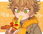  1boy blush_stickers brown_hair cheese_trail desuhiko_thunderbolt eating food green_eyes hair_between_eyes highres holding holding_food holding_pizza hood hood_down hoodie jacket male_focus master_detective_archives:_rain_code natto_rain pizza pizza_slice simple_background solo spiky_hair upper_body 