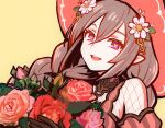 1girl :d bouquet braid brown_gloves commentary detached_collar fishnet_top fishnets flower gloves grey_hair hair_between_eyes hair_flower hair_ornament hat heart heart-shaped_pupils holding holding_bouquet long_hair looking_at_viewer ludmila_(rune_factory) open_mouth pink_flower pointy_ears red_flower red_rose rose rune_factory rune_factory_5 simple_background smile solo symbol-only_commentary symbol-shaped_pupils tb_(spr1110) twin_braids twintails upper_body violet_eyes white_flower witch_hat yellow_background