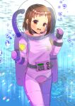 1girl :d air_bubble animal bang_dream! bodysuit breasts brown_eyes brown_hair bubble commentary_request commission day diving_helmet diving_suit fish forehead hands_up hazawa_tsugumi headpiece helmet kou_hiyoyo long_sleeves medium_breasts outdoors pink_bodysuit puffy_long_sleeves puffy_sleeves skeb_commission smile solo underwater water