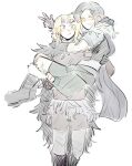  2girls amphibia black_gloves black_hair blonde_hair blue_eyes blush boots cape carrying closed_eyes feet_out_of_frame gloves hair_ornament hairclip highres marcy_wu multiple_girls princess_carry sasha_waybright simple_background szatiant white_background yuri 