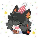  &gt;_&lt; 1boy :3 aak_(arknights) animal_ears arknights black_hair braid closed_eyes commentary confetti cropped_shoulders earrings eyeshadow fang furry furry_male hat highres jewelry makeup male_focus messy_hair mooootmt open_mouth party_hat profile red_eyeshadow redhead short_hair side_braid simple_background smile solo star_(symbol) white_background 