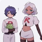  1boy 1girl ? absurdres blue_eyes dark-skinned_female dark_skin gundam gundam_suisei_no_majo highres midriff pakimoti pokemon purple_hair rouji_chante shirt short_hair shorts team_rocket team_rocket_uniform violet_eyes white_hair white_shirt 