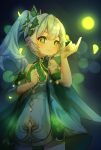  1girl blurry blush bokeh closed_mouth cowboy_shot depth_of_field dress elun_(elun_00) genshin_impact glowing green_eyes hair_ornament hand_on_own_chest hand_up highres index_finger_raised leaf_hair_ornament light_blush looking_at_viewer medium_hair nahida_(genshin_impact) pointy_ears ponytail smile solo white_dress white_hair 