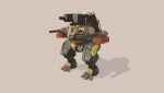  armor battle_of_titans gatling_gun highres ironbeta mecha mechanical_legs missile_pod no_humans pixel_art plate_armor ravager_(battle_of_titans) robot science_fiction shadow simple_background standing walker 