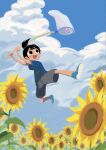  1boy 1nternets0ekak1 black_eyes black_hair blue_shirt blue_sky bug butterfly butterfly_net character_request clouds day flower grey_shorts hand_net highres male_focus natsumon! open_mouth outdoors ponytail shirt shoes shorts sky solo sunflower 