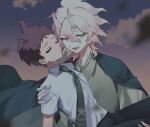  2boys :d ahoge breast_pocket brown_hair clouds collared_shirt danganronpa_(series) danganronpa_2:_goodbye_despair demon_boy demon_horns fang green_necktie grey_eyes grey_hair hair_between_eyes hinata_hajime horns jacket jacket_on_shoulders komaeda_nagito messy_hair multicolored_hair multiple_boys necktie oh_0409 pocket shirt short_hair short_sleeves smile tongue two-tone_hair white_shirt 