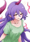  1girl :d blush breasts collarbone commentary_request fire from_above green_shirt hair_between_eyes highres horns jaggy_lines light_smile long_hair looking_at_viewer open_mouth pointy_ears purple_hair red_eyes scavia10 shirt short_sleeves signature simple_background single_horn sleepy smile solo tail tenkajin_chiyari tongue touhou upper_body very_long_hair white_background 