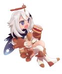  1girl absurdres black_scarf blue_eyes boots chicken_(food) commentary dress english_commentary food full_body genshin_impact halo highres holding holding_food hot_dog maqinpu mechanical_halo paimon_(genshin_impact) scarf solo thigh-highs white_dress white_hair 