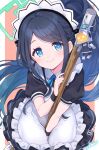  &lt;key&gt;_(robot)_(blue_archive) 1girl absurdly_long_hair apron aris_(blue_archive) aris_(maid)_(blue_archive) black_hair blue_archive blue_bow blue_bowtie blue_eyes bow bowtie commentary_request forehead frilled_apron frills halo head_tilt highres holding holding_mop ima_(lm_ew) leaning_forward long_hair looking_at_viewer maid maid_apron maid_headdress mop official_alternate_costume official_alternate_hairstyle parted_bangs short_sleeves side_ponytail sidelocks simple_background smile solo two-tone_background very_long_hair white_apron wristband 