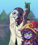  1boy 1girl arm_up colored_skin day from_side green_eyes gun hand_up holding holding_gun holding_staff holding_weapon jhin league_of_legends long_hair lulu_(league_of_legends) mask outdoors phantom_ix_row purple_hair purple_skin red_headwear staff striped_sleeves tree weapon yordle 