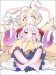  2girls animal_ears barefoot blonde_hair blue_ribbon blush dress fox_ears fox_tail grey_hair grin hat horn_ornament horn_ribbon horns long_sleeves mob_cap multiple_girls multiple_tails open_mouth polpol red_eyes red_horns ribbon sharp_teeth sheep_horns short_hair smile tail teeth touhou toutetsu_yuuma white_dress white_headwear wide_sleeves yakumo_ran yellow_eyes 