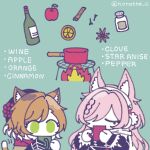  2girls animal_ear_fluff animal_ears apple arknights artist_name bottle cat_ears cat_girl cat_tail chibi cinnamon_roll clove cup drink english_text fingerless_gloves fire food fox_ears fruit gloves green_background green_eyes hair_over_one_eye holding holding_cup long_hair mandarin_orange mousse_(arknights) mousse_(campfire_cooking_smoke)_(arknights) mug multicolored_hair multiple_girls nora_(petlico) official_alternate_costume one_eye_closed orange_hair pepper_shaker pink_hair pozyomka_(arknights) pozyomka_(snowy_plains_in_words)_(arknights) scarf short_hair simple_background star_anise_(spice) tail twitter_username two-tone_hair upper_body white_gloves wine_bottle 