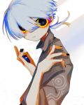  absurdres ambiguous_gender black_eyes black_nails colored_sclera grey_hair grey_shirt hands_up highres kiroji_0 original print_shirt shirt short_hair solo upper_body white_background yellow_sclera 