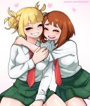  2girls absurdres blonde_hair boku_no_hero_academia breasts brown_hair dashi_(dashiart) double_bun eyebrows_hidden_by_hair green_skirt grin hair_bun heart highres medium_breasts medium_hair miniskirt multiple_girls necktie open_mouth red_necktie school_uniform shirt skirt sleeves_rolled_up smile toga_himiko u.a._school_uniform uraraka_ochako web_address white_shirt 