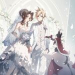  1boy 1girl 1other aerith_gainsborough bangle bare_shoulders blonde_hair blue_eyes blush bouquet bracelet breasts bridal_veil brown_hair cait_sith_(ff7) cape church closed_eyes closed_mouth cloud_strife collared_shirt corsage cross_tie crown detached_sleeves dress falling_petals fang fang_out feet_out_of_frame final_fantasy final_fantasy_vii flower fur-trimmed_cape fur_trim gloves green_eyes hair_between_eyes hair_bun hair_flower hair_ornament hand_in_pocket highres holding holding_bouquet holding_hands husband_and_wife jacket jewelry kieta lace_sleeves light_smile long_dress long_hair long_sleeves looking_at_another medium_breasts mini_crown moogle nail_polish necktie pants pantyhose parted_bangs pendant_choker petals pink_necktie pink_ribbon red_cape ribbon ring ring_box rose shirt short_hair sidelocks smile spiky_hair strapless strapless_dress suit suit_jacket tuxedo two-tone_fur veil waistcoat wavy_hair wedding_dress wedding_ring white_dress white_flower white_gloves white_jacket white_pants white_pantyhose white_rose white_shirt white_suit 