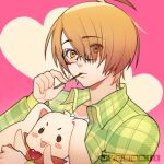  1boy 700hash black-framed_eyewear blonde_hair food food_in_mouth green_shirt heart highres holding holding_food holding_pocky holding_stuffed_toy looking_at_viewer love_stage!! male_focus orange_eyes pink_background plaid plaid_shirt pocky pocky_in_mouth sena_izumi_(love_stage!!) shirt short_hair stuffed_animal stuffed_rabbit stuffed_toy upper_body 