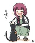  1girl :d black_bow black_jacket black_nails blush bocchi_the_rock! bow braid carton cat closed_eyes dress fangs geta green_dress hair_bow hiroi_kikuri jacket long_hair multicolored_clothes multicolored_jacket no_socks petting purple_hair simple_background single_braid smile squatting torako_(toramaru) two-tone_jacket white_background white_jacket 