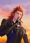  1boy axel_(kingdom_hearts) black_gloves black_robe clouds cloudy_sky eyeliner facial_mark finger_to_mouth gloves green_eyes hair_slicked_back highres hood hood_down hooded_robe kingdom_hearts kingdom_hearts_ii long_hair long_sleeves makeup male_focus mukashino parted_lips redhead robe short_eyebrows sideburns sky solo sunset upper_body 